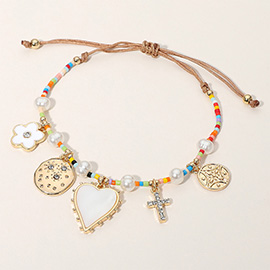 Mother of Pearl Heart Enamel Flower Stone Paved Cross Star Charm Pearl Cylinder Beaded Adjustable Cinch Pull Tie Bracelet