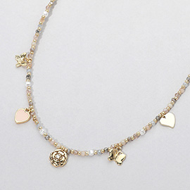 CZ Stone Pointed Rose Metal Butterfly Heart Charm Station Faceted Beaded Choker Necklace