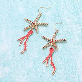 Stone Paved Starfish Enamel Coral Link Dropdown Dangle Earrings