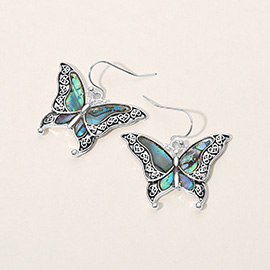 Antique Metal Abalone Pointed Butterfly Dangle Earrings