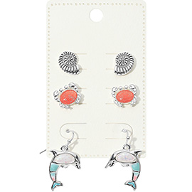 3Pairs - Metal Shell Enamel Crab Stud Dangle Earring Set