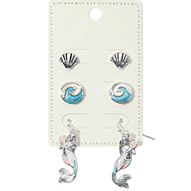 3Pairs - Metal Sea Shell Enamel Wave Post Mermaid Dangle Earrings Set