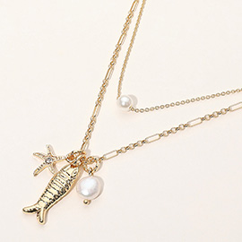 Metal Fish Stone Pointed Starfish Pearl Pendant Double Layered Necklace