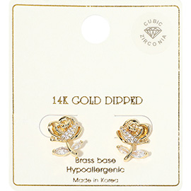 14K Gold Dipped CZ Stone Paved Rose Romance Stud Earrings