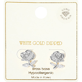 White Gold Dipped CZ Stone Paved Rose Romance Stud Earrings