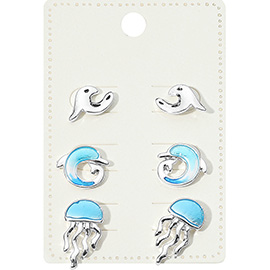 3Pairs - Metal Wave Enamel Dolphin Jellyfish Stud Earring Set