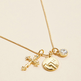 Semi Fine Collection - 18K Gold Dipped Brass Metal Cross Medal Round Stone Charm Pendant Necklace