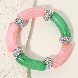 Stone Paved Ring Acetate Bar Beaded Stretch Bracelet