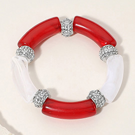 Stone Paved Ring Acetate Bar Beaded Stretch Bracelet