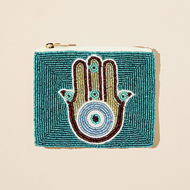 Evil Eye Hamsa Hand Seed Beaded Mini Pouch Bag