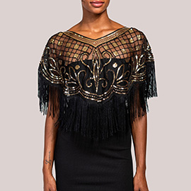 Sequined Beaded Tassel Fringe Cape Poncho