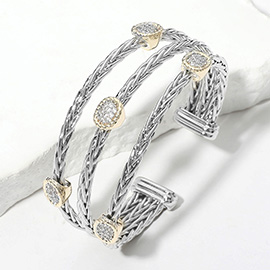 CZ Stone Paved Oval Pointed Two Tone Triple Braided Split Cuff Bracelet