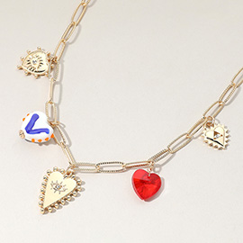 Evil Eye Heart Ceramic Charm Station Paperclip Chain Necklace