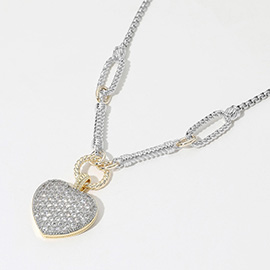 14K Gold Plated Two Tone CZ Stone Paved Heart Pendant Necklace