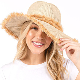 Frayed Band and Trip Straw Sun Hat