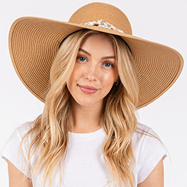 Wide Brim Straw Sun Hat with Shell and Conch Braided Band