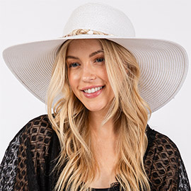 Wide Brim Straw Sun Hat with Shell and Conch Braided Band