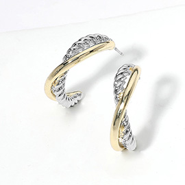 14K Gold Plated Two Tone Textured Metal Twisted Hoop Earrings