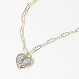 14K Gold Plated CZ Stone Paved Heart Lock Pendant Paperclip Chain Necklace