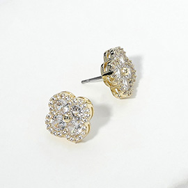 14K Gold Plated CZ Stone Paved Quatrefoil Stud Earrings