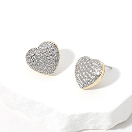 14K Gold Plated Two Tone CZ Stone Paved Heart Stud Earrings