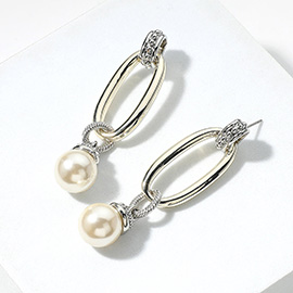 Two Tone Open Oval Pearl Dangle Earrings