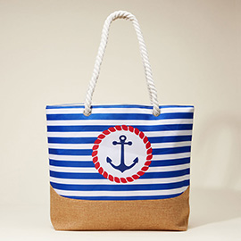 Anchor Printed Striped Rope Handle Beach Tote Bag