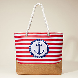 Anchor Printed Striped Rope Handle Beach Tote Bag