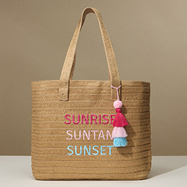 Raffia SUNRISE SUTNAN SUNSET Message Embroidered Summer Tote Bag