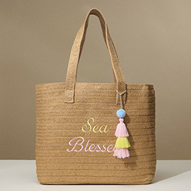 Raffia SEA BLESSED Message Embroidered Summer Tote Bag