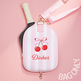 Cherry On Pink Stripe Neoprene Pickleball Paddle Case Bag