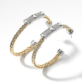 14K Gold Plated Two Tone CZ Stone Paved Bar Braided Hoop Earrings