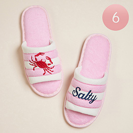 6Pairs - Crab Salty Message Embroidered Striped Pool Side Slippers / Home Indoor Floor Slippers