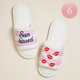 6Pairs - Kissy Lips Sun Kissed Message Embroidered Striped Pool Side Slippers / Home Indoor Floor Slippers