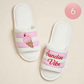 6Paris -Ice Cream Cone Sundae Vibe Message Embroidered Striped Pool Side Slippers / Home Indoor Floor Slippers