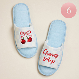 6Pairs - Cherry Bow Cherry Pop Message Embroidered Checkered Pool Side Slippers / Home Indoor Floor Slippers