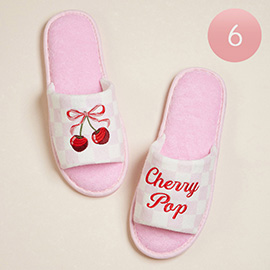 6Pairs - Cherry Bow Cherry Pop Message Embroidered Checkered Home Indoor Floor Slippers