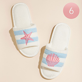 6Pairs - Starfish Sea Shell Embroidered Striped Pool Side Slippers / Home Indoor Floor Slippers