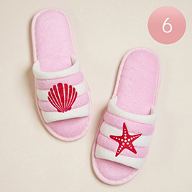 6Pairs - Starfish Sea Shell Embroidered Striped Pool Side Slippers / Home Indoor Floor Slippers