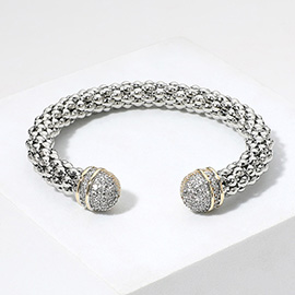 Two Tone CZ Stone Paved Tip Textured Cuff Bracelet