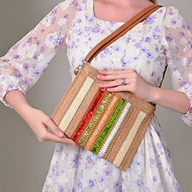 Sequin Striped Raffia Flat Crossbody Bag / Clutch Bag