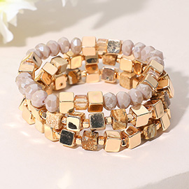 3PCS - Metal Cube Faceted Beaded Stretch Multi Layered Bracelets