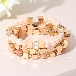 3PCS - Metal Cube Faceted Beaded Stretch Multi Layered Bracelets