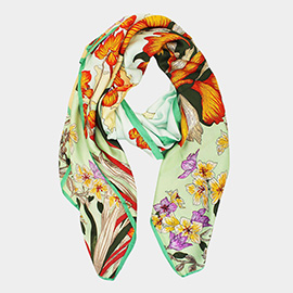 Flower Pattern Printed Oblong Silky Satin Scarf Shawl