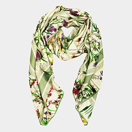 Flower Pattern Printed Oblong Silky Satin Scarf Shawl