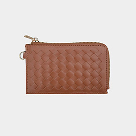 Faux Leather Basket Weave Flat Card Holder Wallet with Wristlet