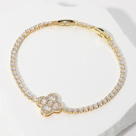 SECRET BOX_Stone Paved Quatrefoil Pointed Baguette Stone Cluster Tennis Chain Bracelet