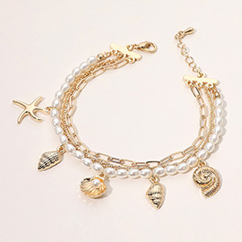 Starfish Sea Shell Puka Shell Charm Station Pearl Paperclip Chain Strand Bracelet