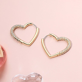 Stone Paved Open Heart Huggie Hoop Earrings