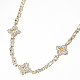 14K Gold Plated CZ Stone Paved Clover Station Necklace